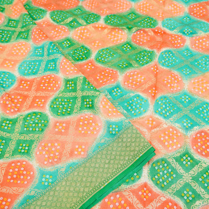 Green &amp; Peach Pure Georgette Banarasi Dupatta with Woven Dots - Khinkhwab