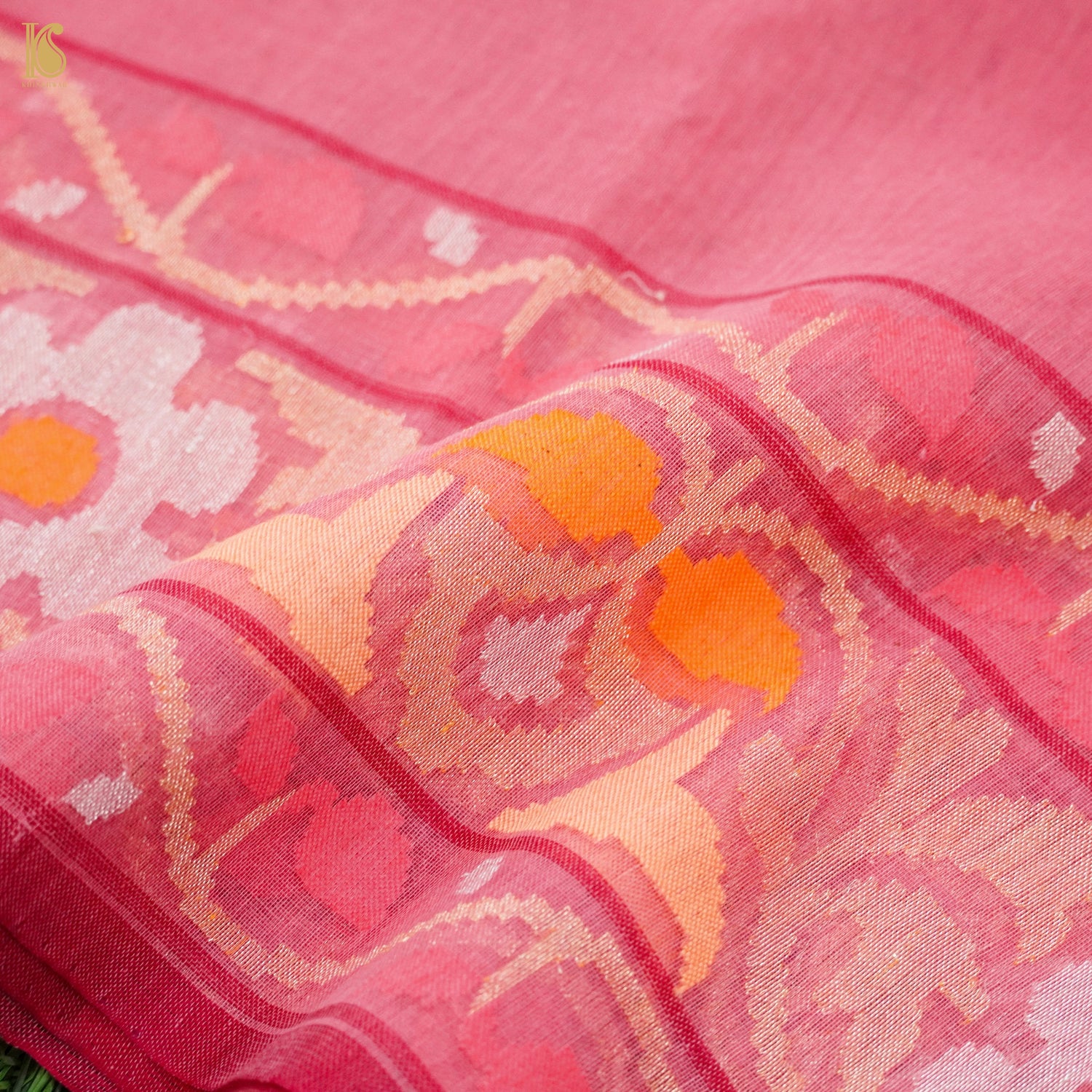 Pink Pure Cotton Real Silver Zari Handloom Banarasi Konya Meenakari Saree - Khinkhwab