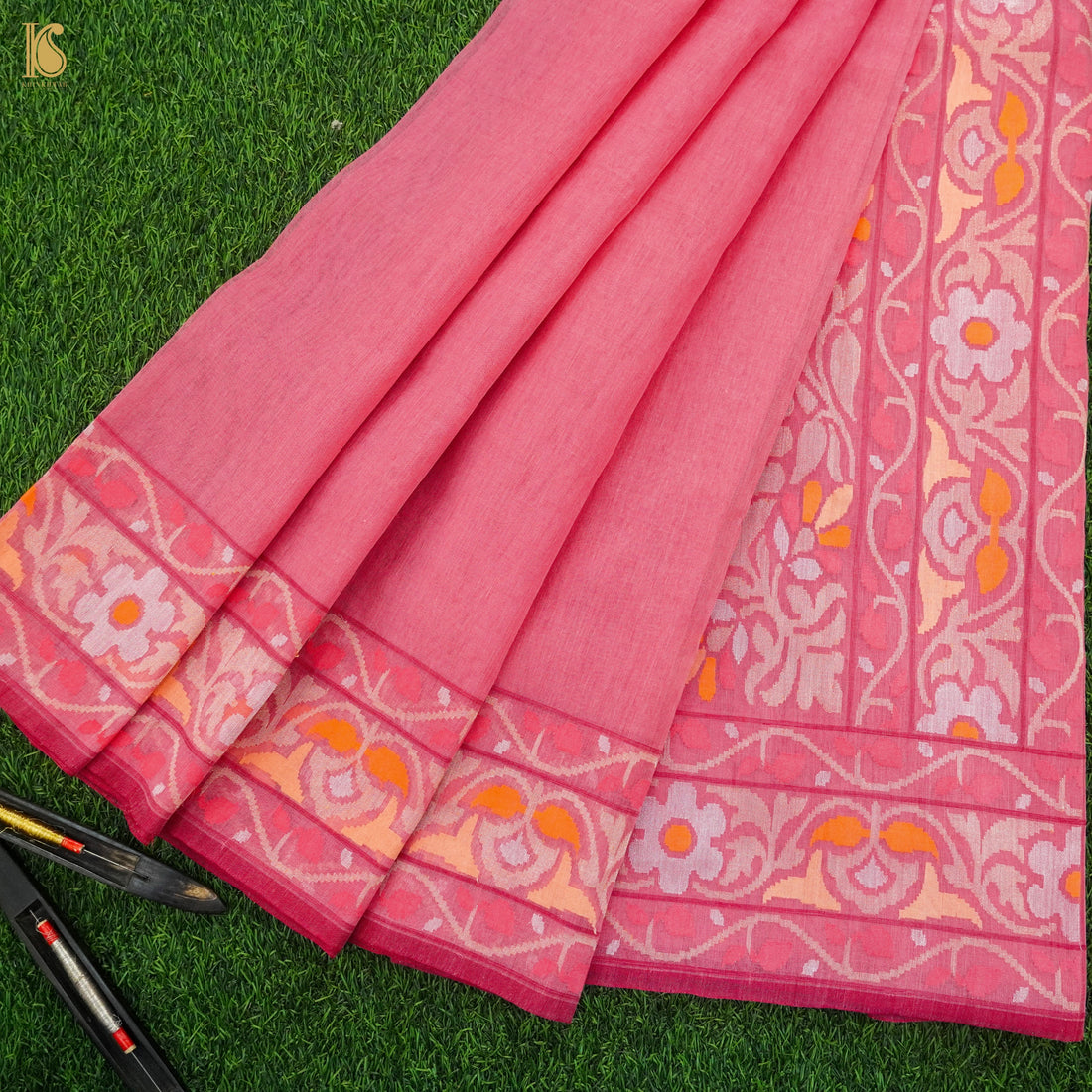 Pink Pure Cotton Real Silver Zari Handloom Banarasi Konya Meenakari Saree - Khinkhwab