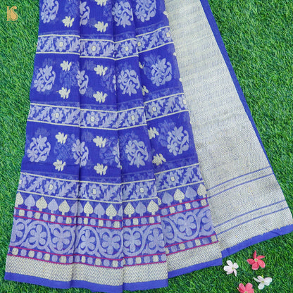 Persian Blue Handwoven Pure Cotton Real Silver Zari Banarasi Saree - Khinkhwab