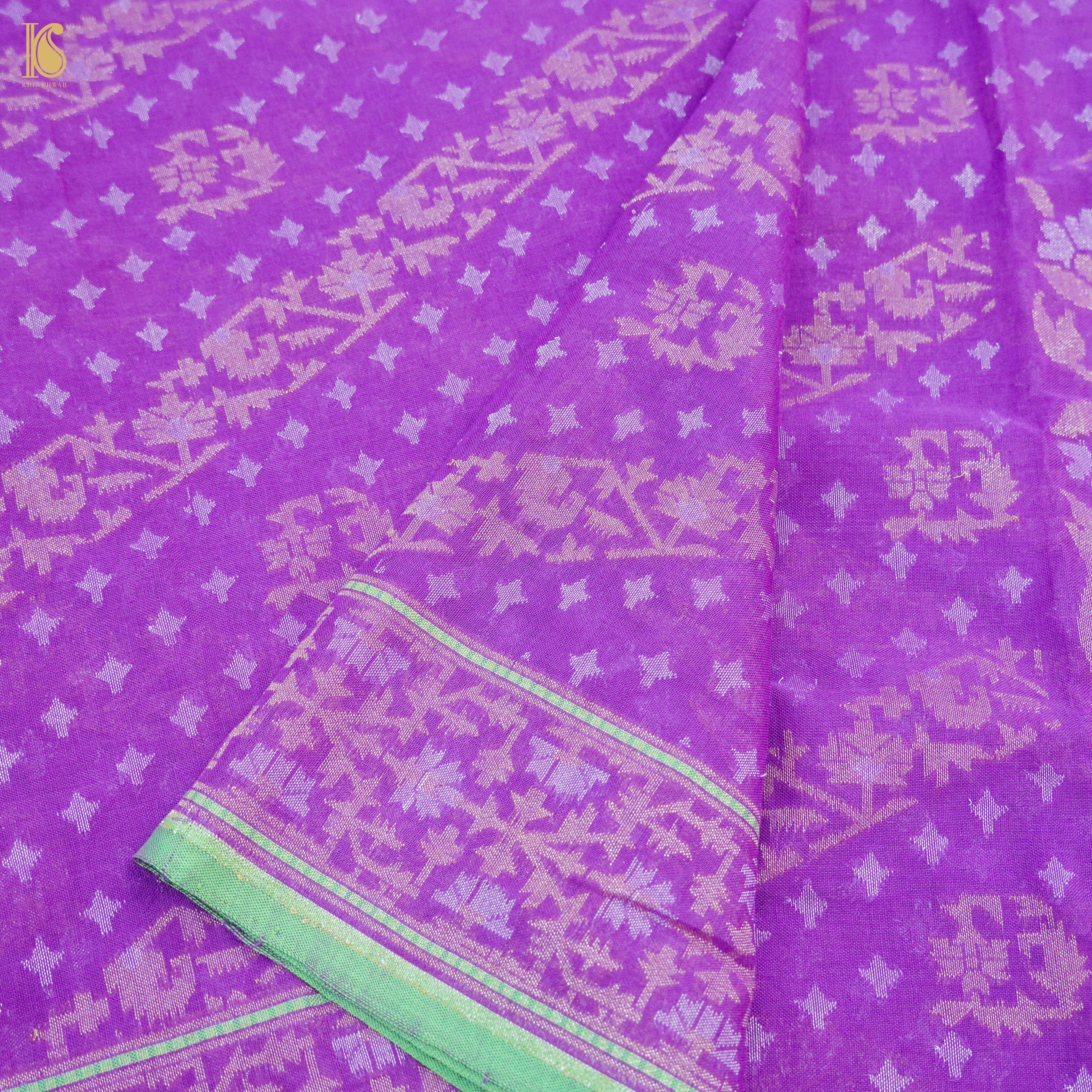 Dark Orchid Pure Cotton Handloom Banarasi Jamdani Ektara Saree - Khinkhwab