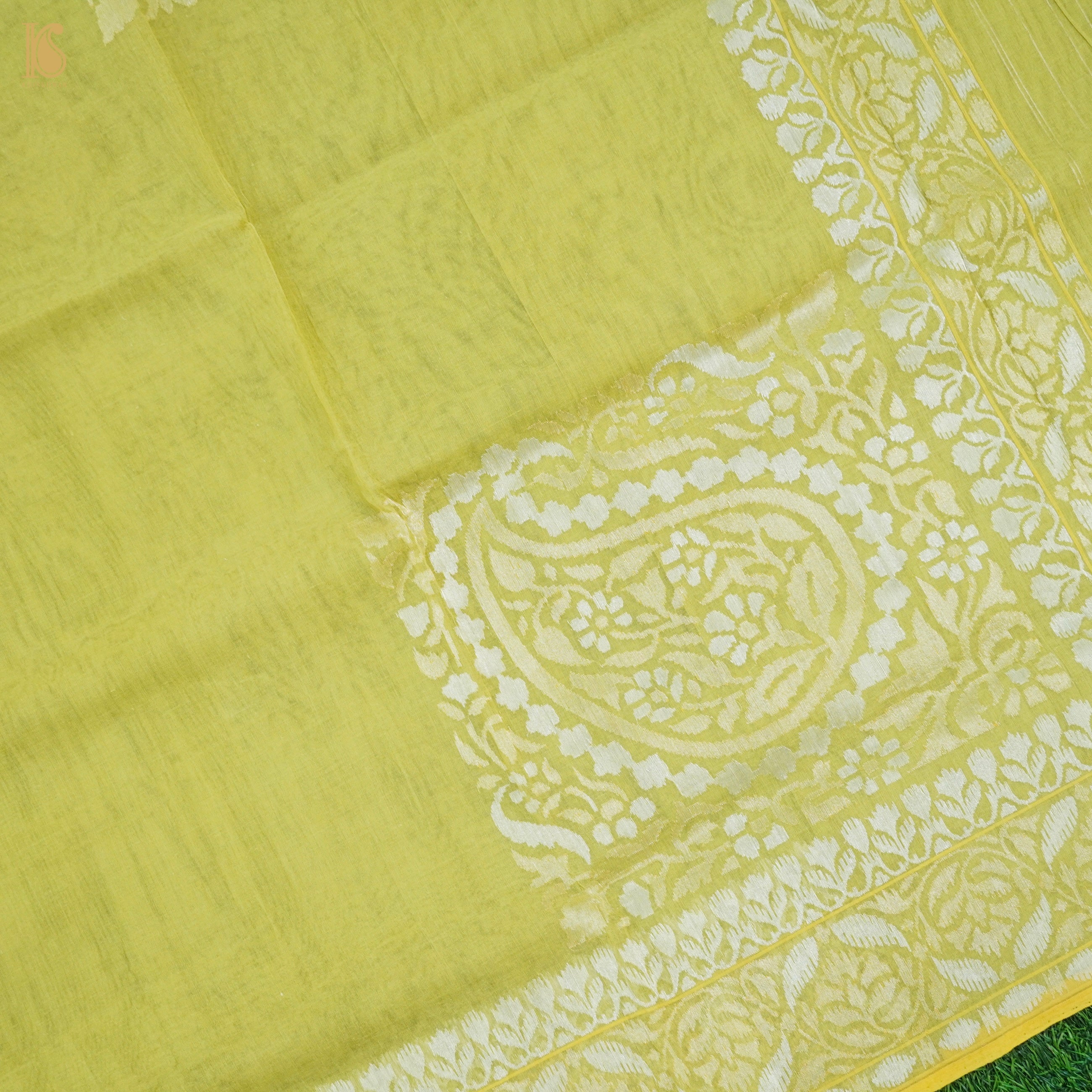 Deco Green Pure Cotton Real Silver Zari Handloom Banarasi Ektara Saree - Khinkhwab