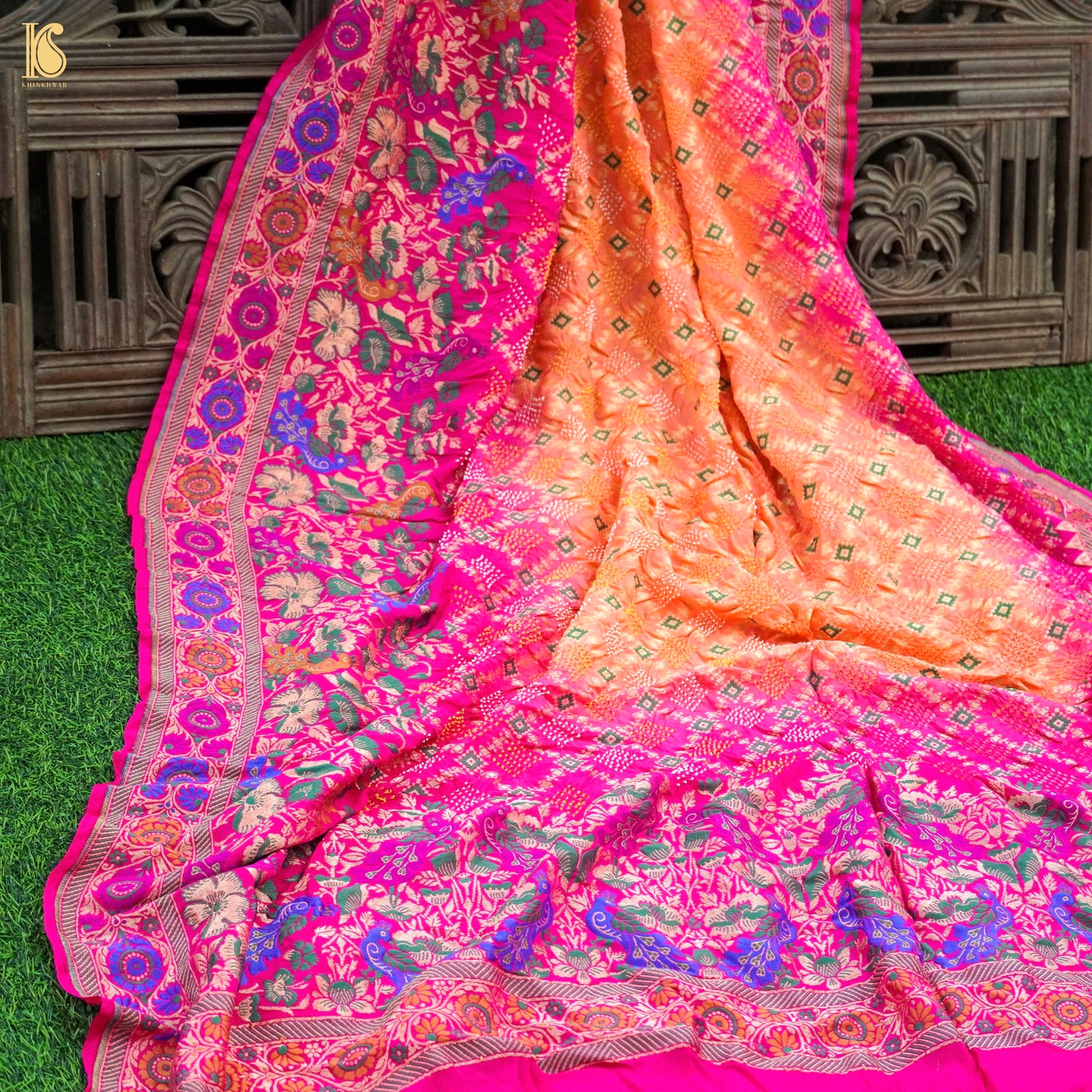Pink &amp; Orange Banarasi Pure Georgette Shaded Bandhani Saree - Khinkhwab