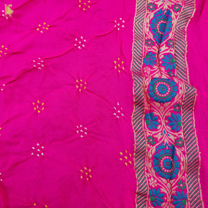 Pink &amp; Orange Banarasi Pure Georgette Shaded Bandhani Saree - Khinkhwab