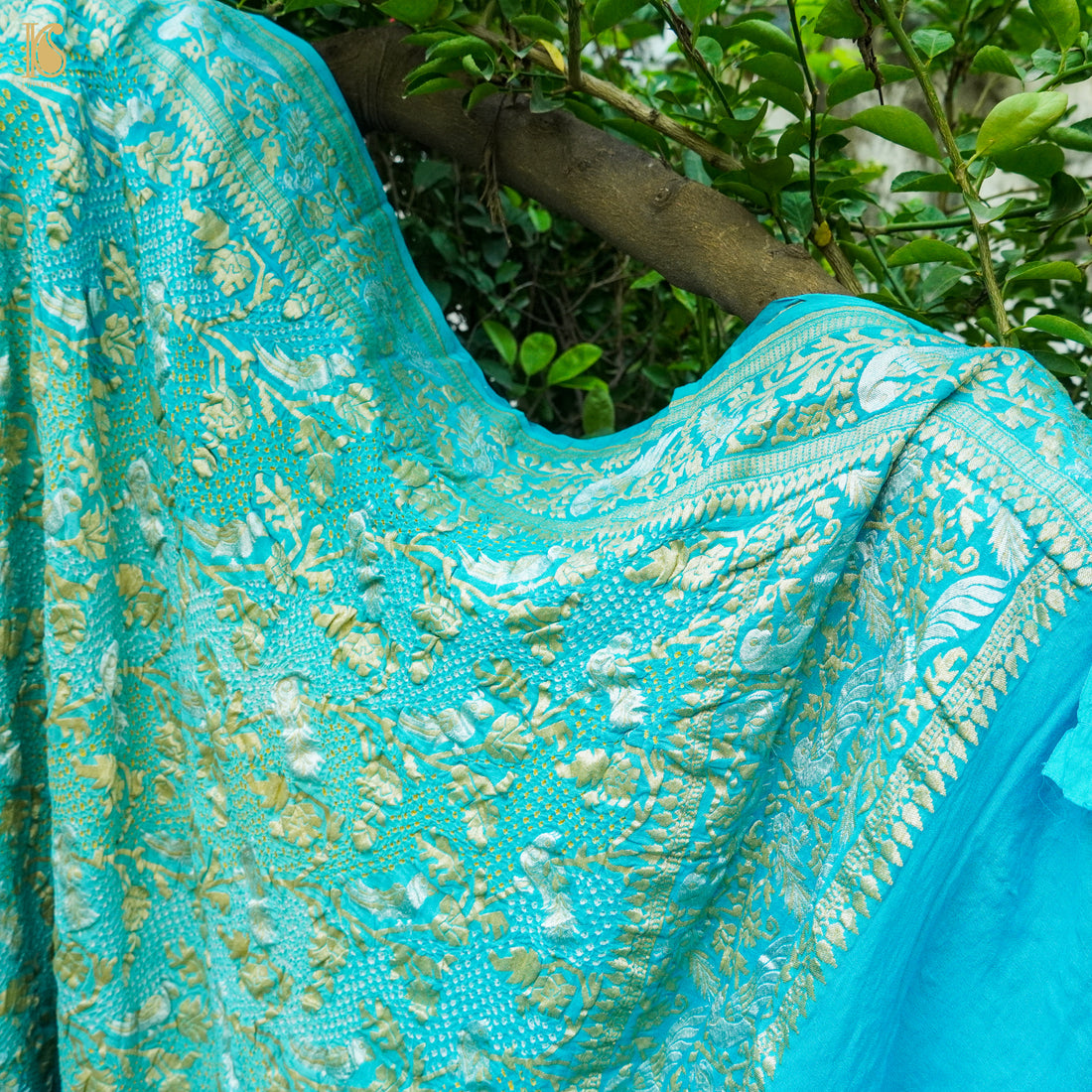 Blue Pure Georgette Handloom Banarasi Birds of Paradise Bandhani Dupatta - Khinkhwab