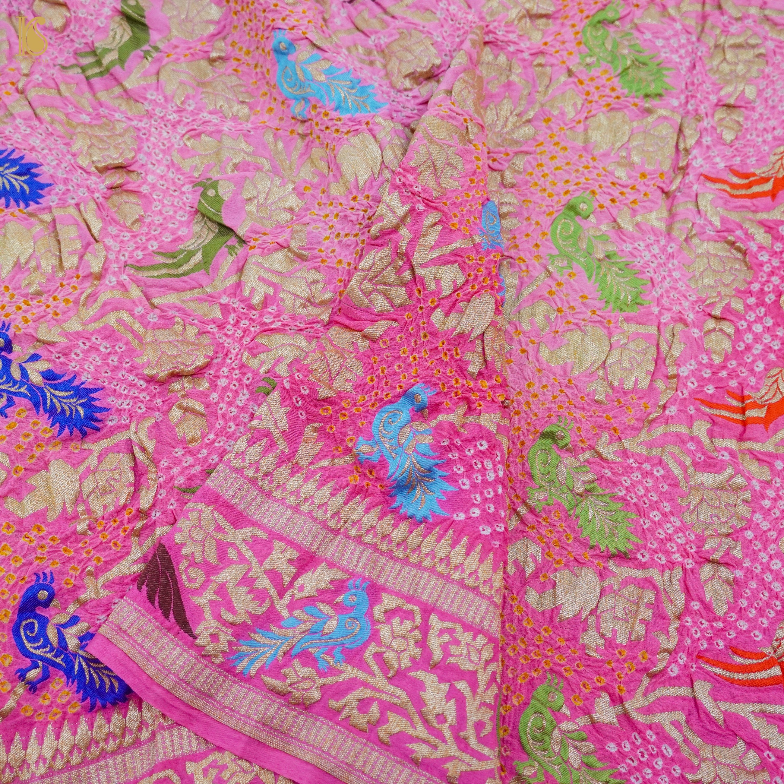 Pink Pure Georgette Handloom Banarasi Birds of Paradise Bandhani Dupatta - Khinkhwab