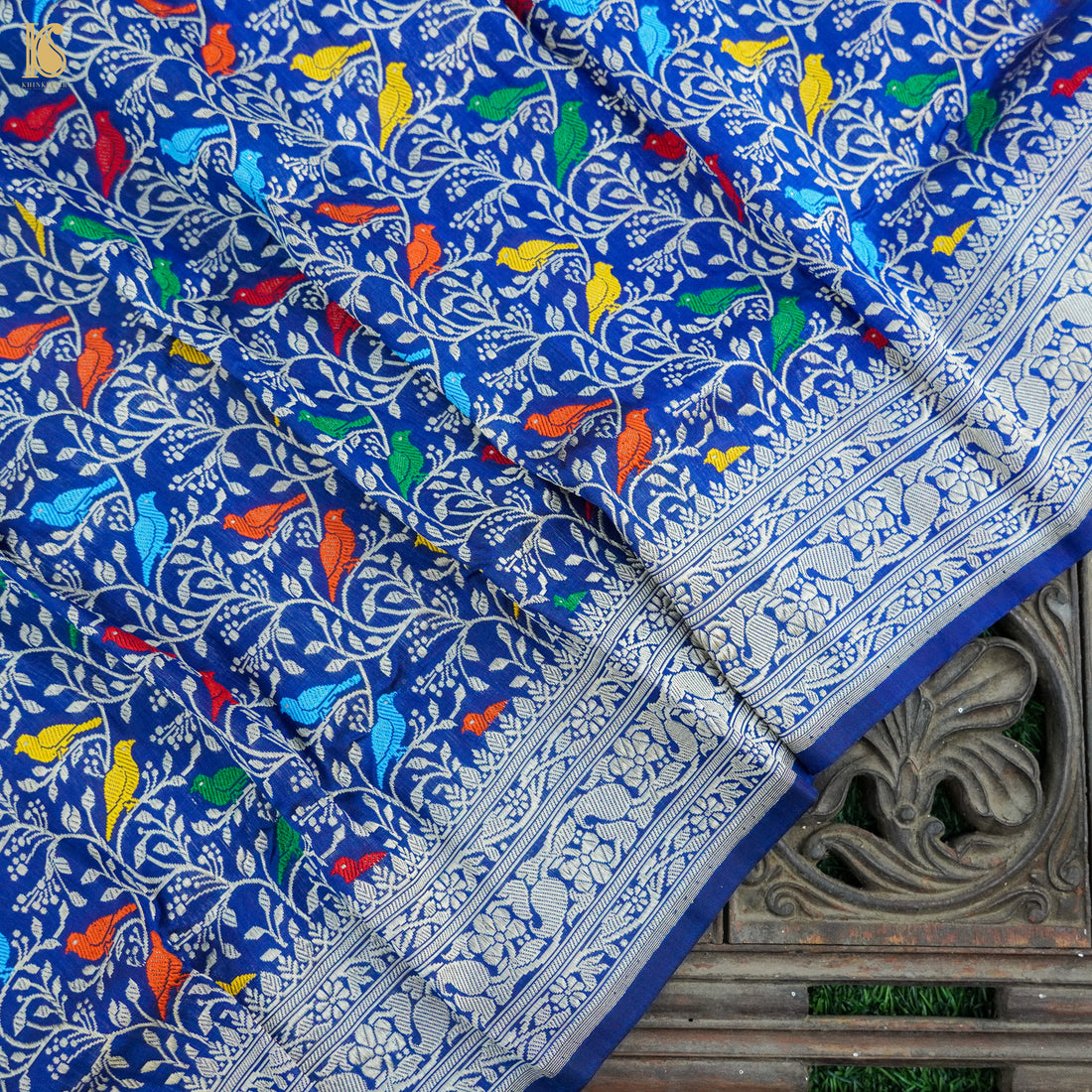 Handwoven Blue Pure Katan Silk Banarasi Chidiya Fabric - Khinkhwab