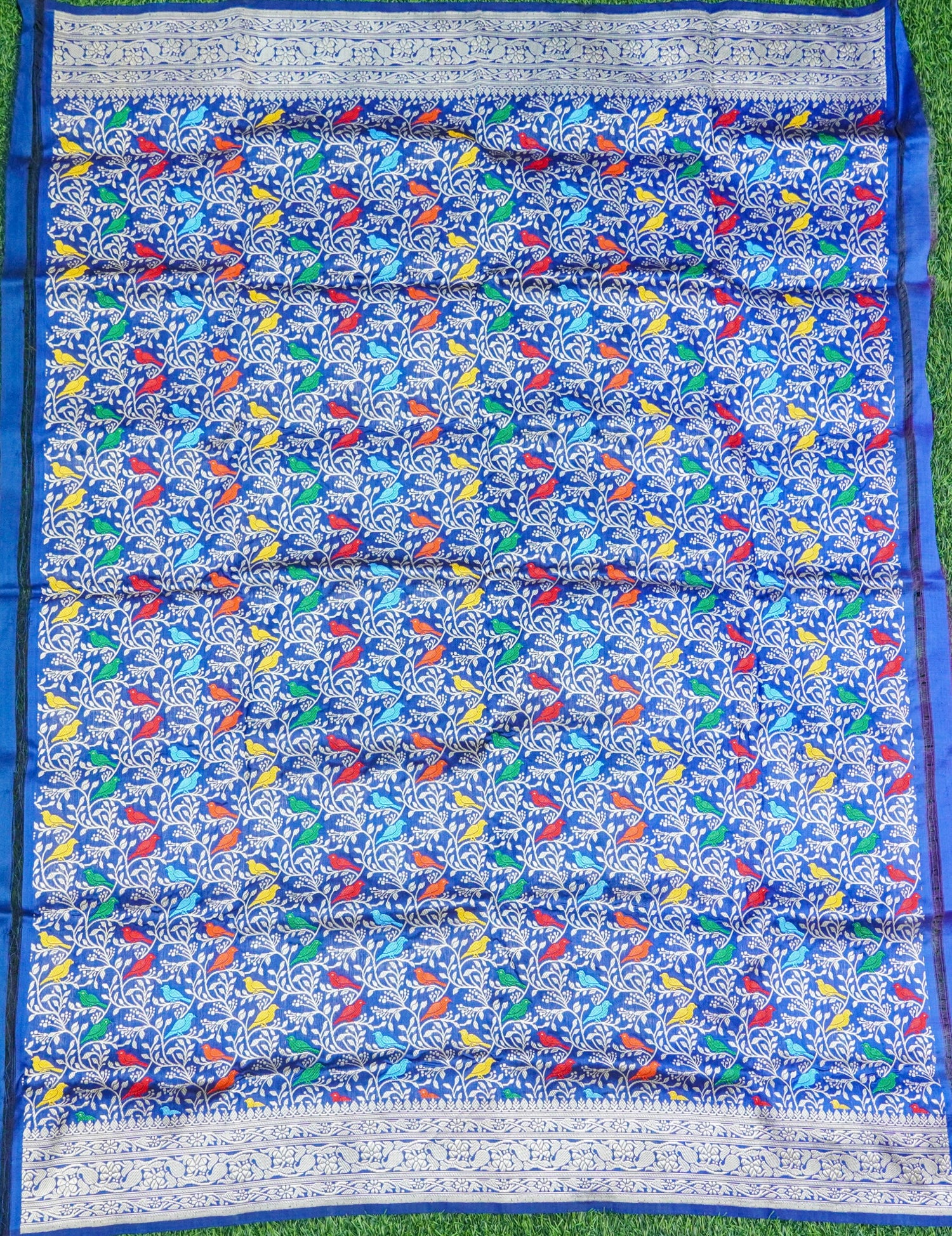 Handwoven Blue Pure Katan Silk Banarasi Chidiya Fabric - Khinkhwab