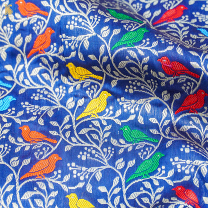 Handwoven Blue Pure Katan Silk Banarasi Chidiya Fabric - Khinkhwab