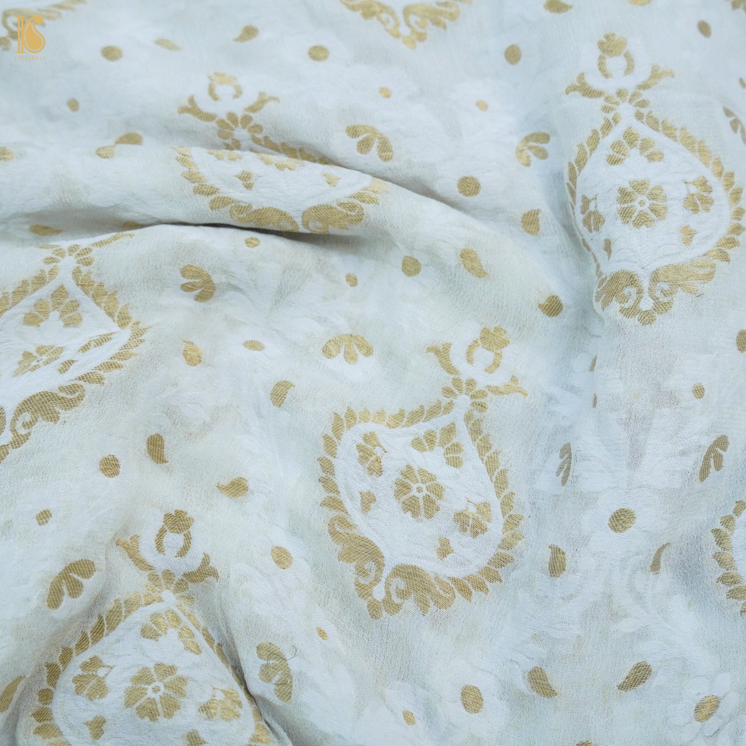 Handwoven White Pure Cotton Silk Banarasi Dyeable Fabric - Khinkhwab