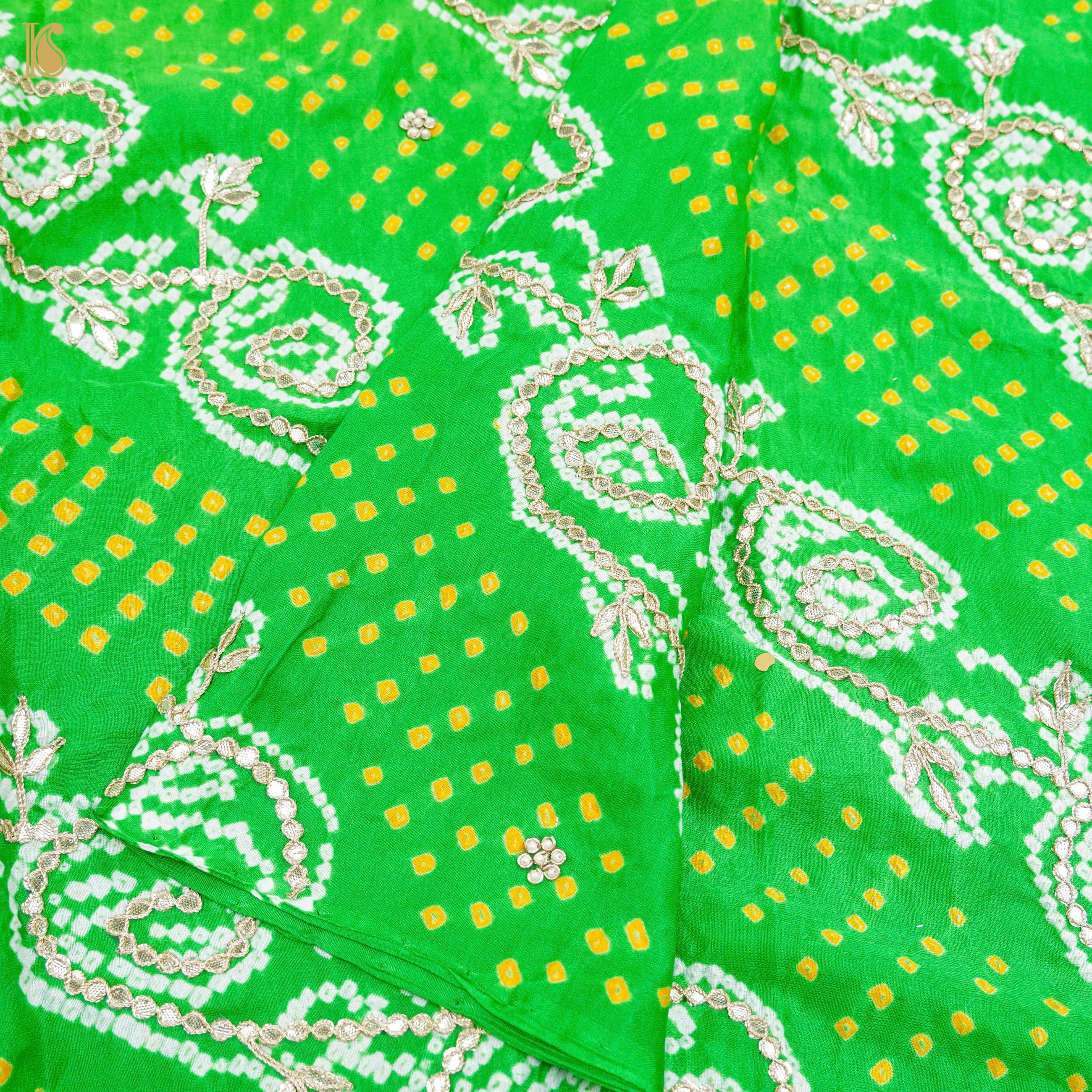 Green Pure Gajji Silk Bandhani Gotta Patti Work Dupatta - Khinkhwab