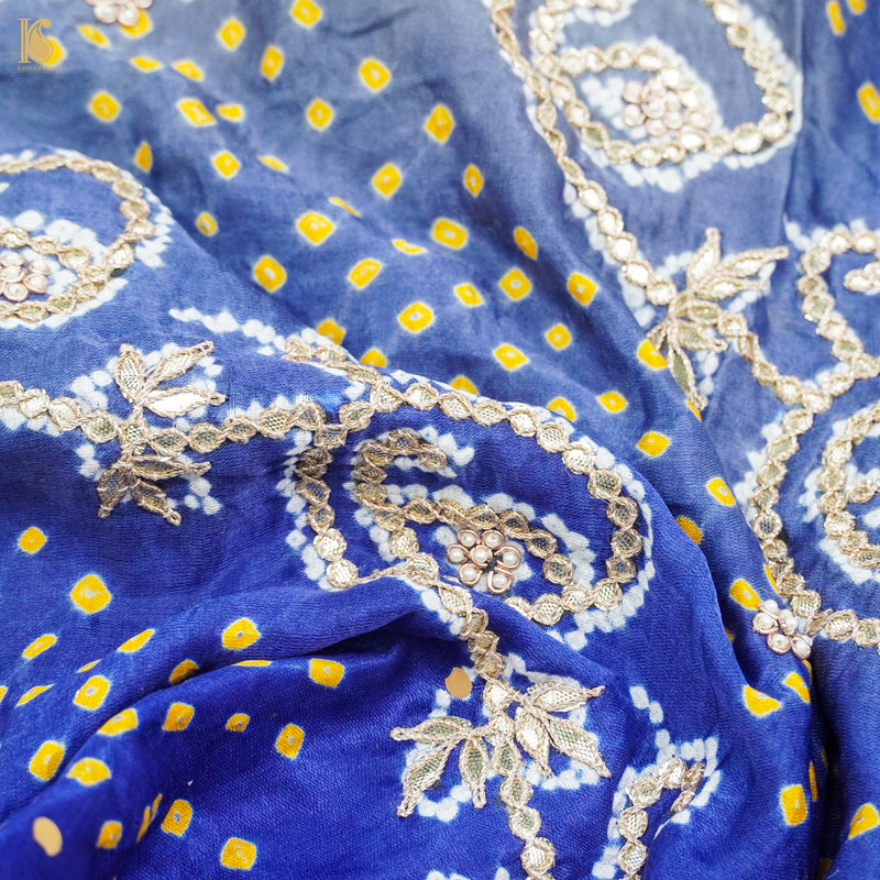 Blue & Grey Pure Gajji Silk Bandhani Gotta Patti Work Dupatta - Khinkhwab