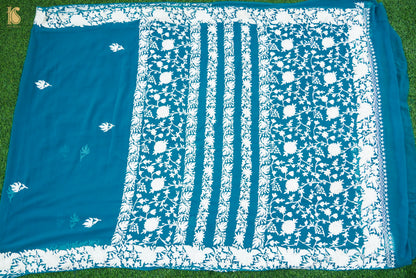 Cerulean Blue Pure Georgette Kashmiri Embroidery Saree - Khinkhwab