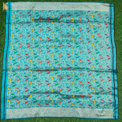 Preorder : Viking Blue Handwoven Pure Katan Silk Banarasi Shikargah Fabric - Khinkhwab