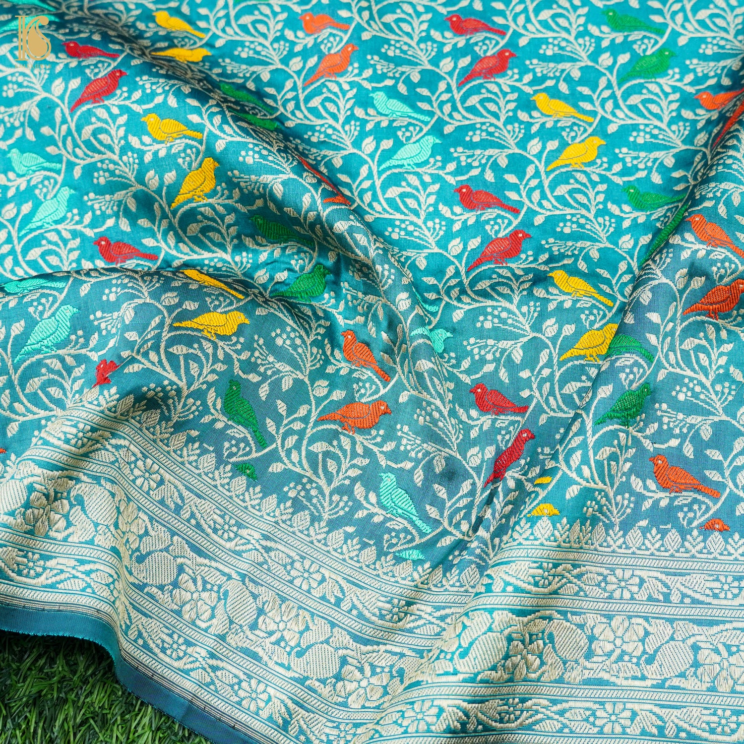 Preorder : Viking Blue Handwoven Pure Katan Silk Banarasi Shikargah Fabric - Khinkhwab