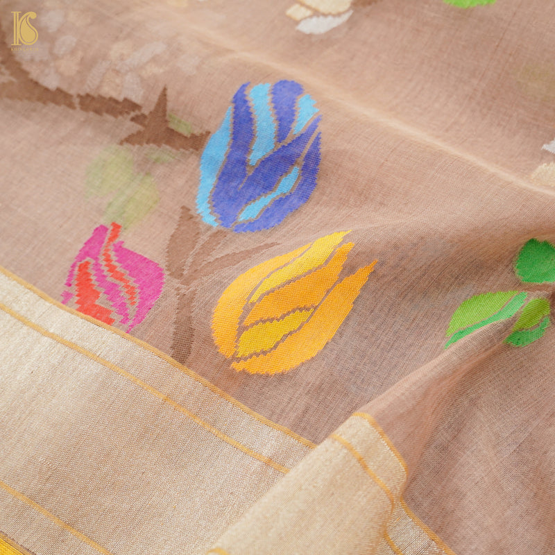 Del Rio Brown Pure Cotton Real Silver Zari Handloom Banarasi Saree - Khinkhwab