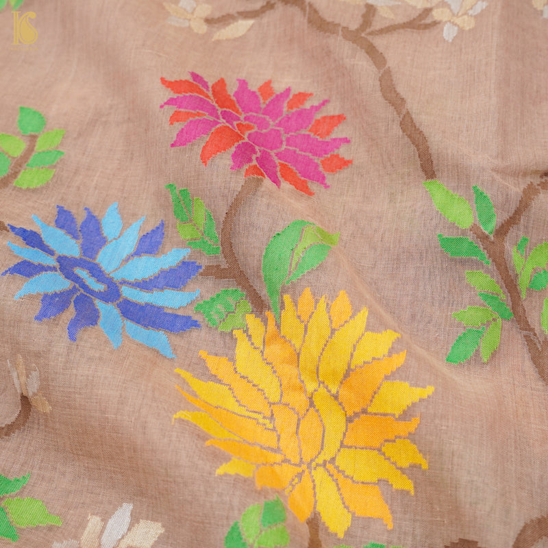 Del Rio Brown Pure Cotton Real Silver Zari Handloom Banarasi Saree - Khinkhwab