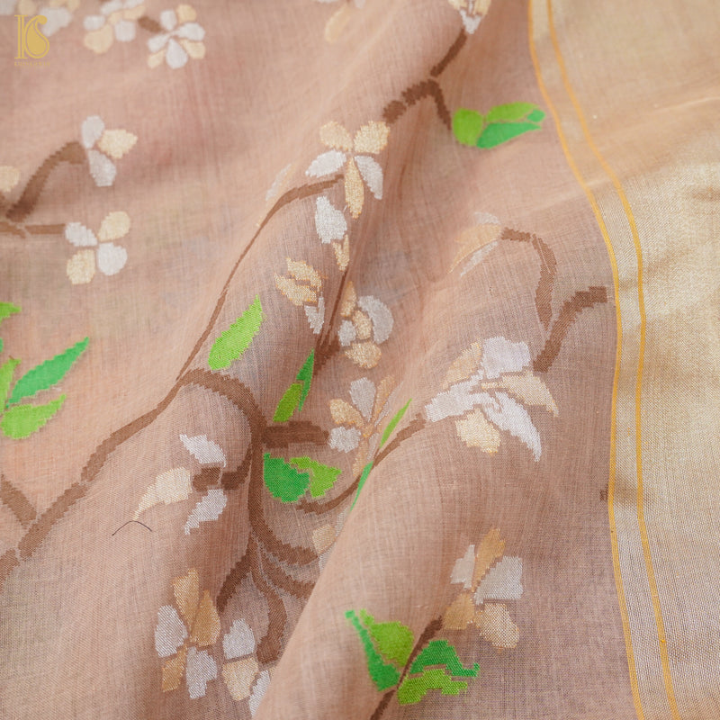 Del Rio Brown Pure Cotton Real Silver Zari Handloom Banarasi Saree - Khinkhwab