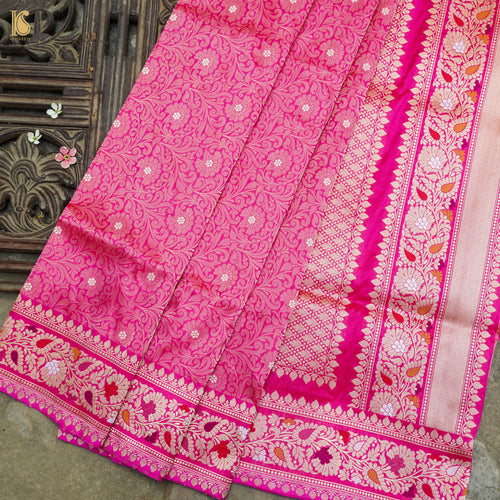 Handloom Banarasi Pure Katan Silk Cerise Pink Tanchoi Saree - Khinkhwab