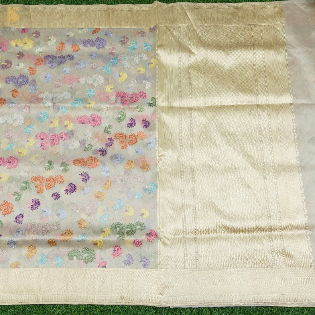 Silver Sand Pure Banarasi Kora by Tissue Kadwa Jaal Saree - Khinkhwab