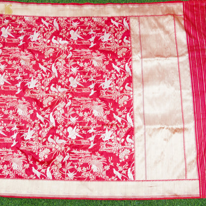 Amaranth Red Pure Katan Silk Handwoven Banarasi Shikargah Dupatta - Khinkhwab