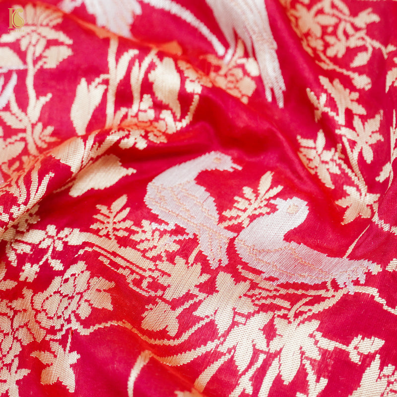 Amaranth Red Pure Katan Silk Handwoven Banarasi Shikargah Dupatta - Khinkhwab