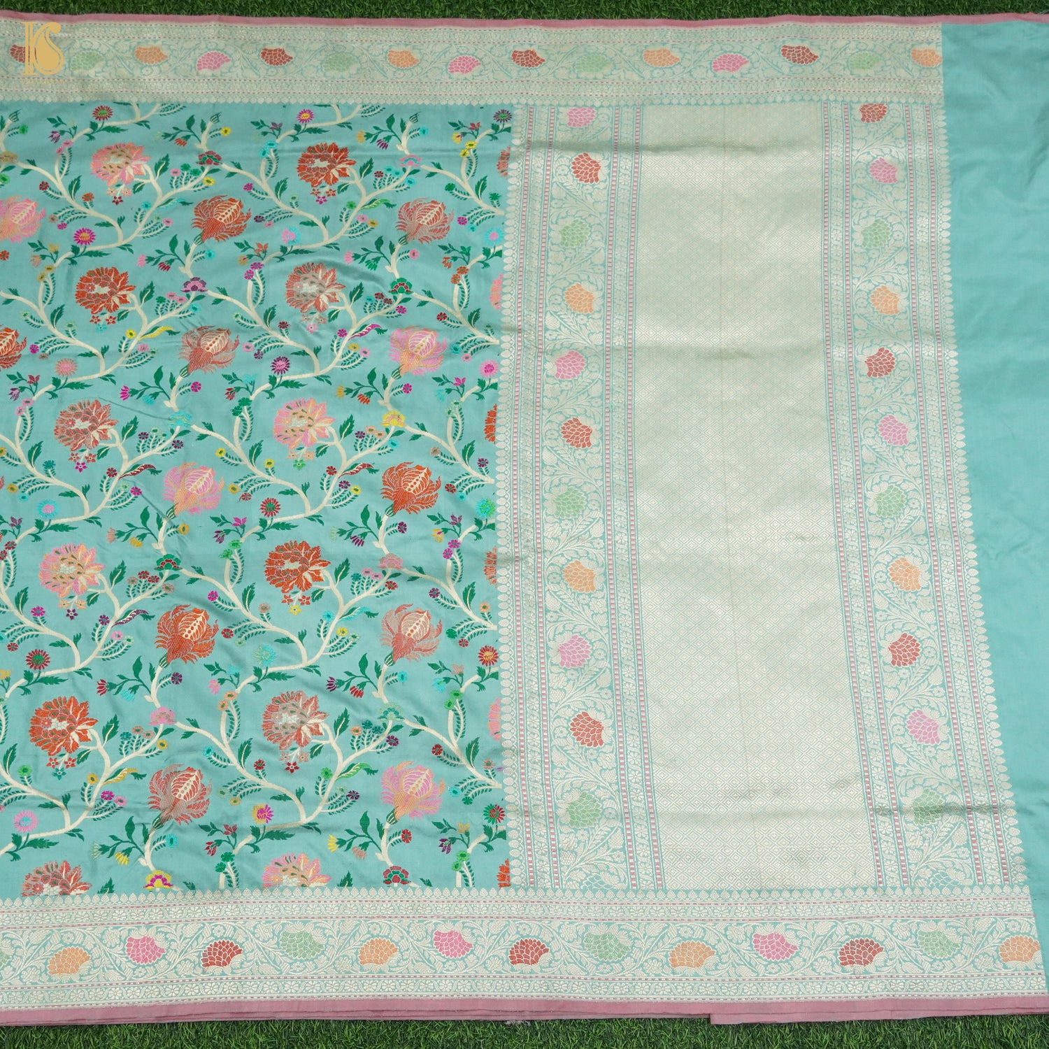 Tradewind Blue Pure Katan Silk Handloom Banarasi Kadwa Meenakari Jaal Saree - Khinkhwab