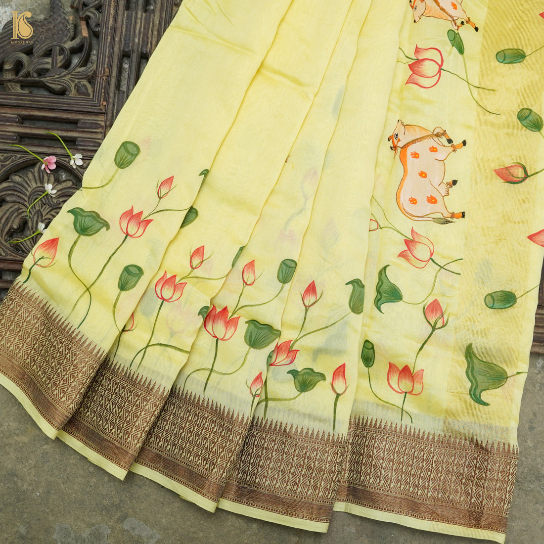 Goldenrod Yellow Pure Cotton Hand Painted Pichwai Banarasi Saree - Khinkhwab