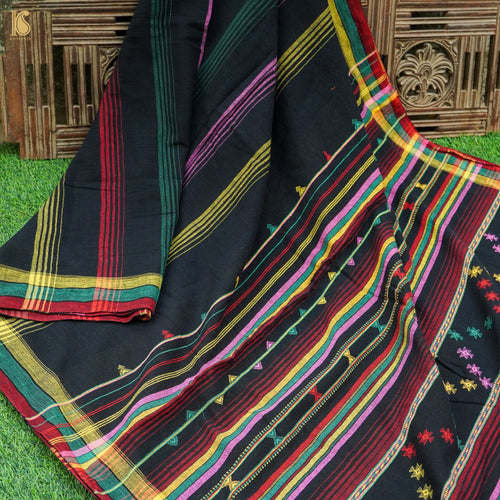 Black Pure Kala Cotton Handwoven Bhujodi Saree - Khinkhwab