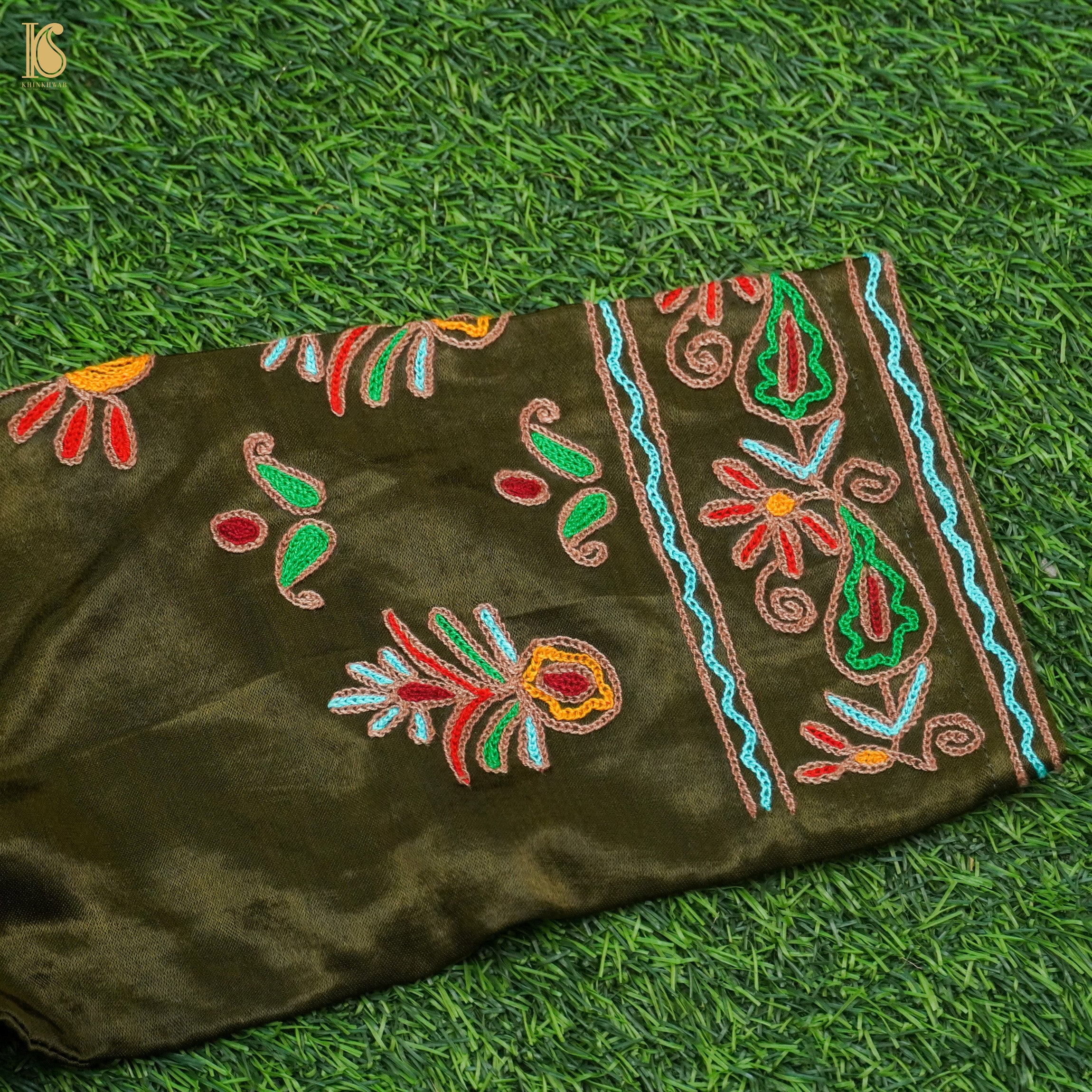 Thatch Green Pure Mashru Silk Stitched Blouse with Kutchi Embriodery - Khinkhwab