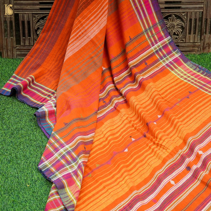 Burnt Orange Pure Kala Cotton Handwoven Bhujodi Saree - Khinkhwab