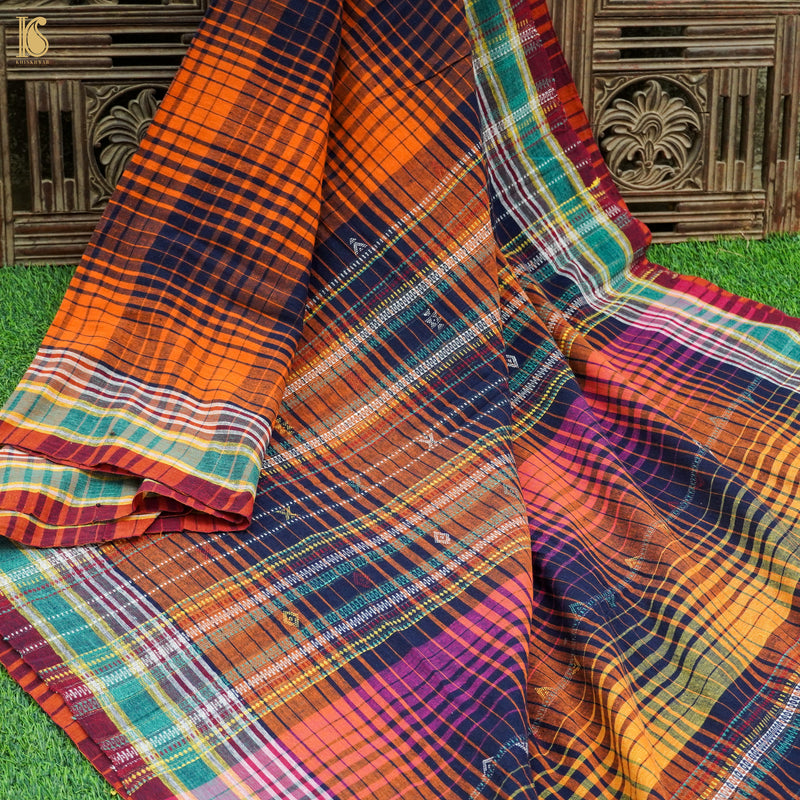 Flamingo Orange Pure Kala Cotton Handwoven Bhujodi Checks Saree - Khinkhwab