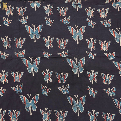 Black Hand Block Ajrakh Cotton Butterfly Fabric - Khinkhwab