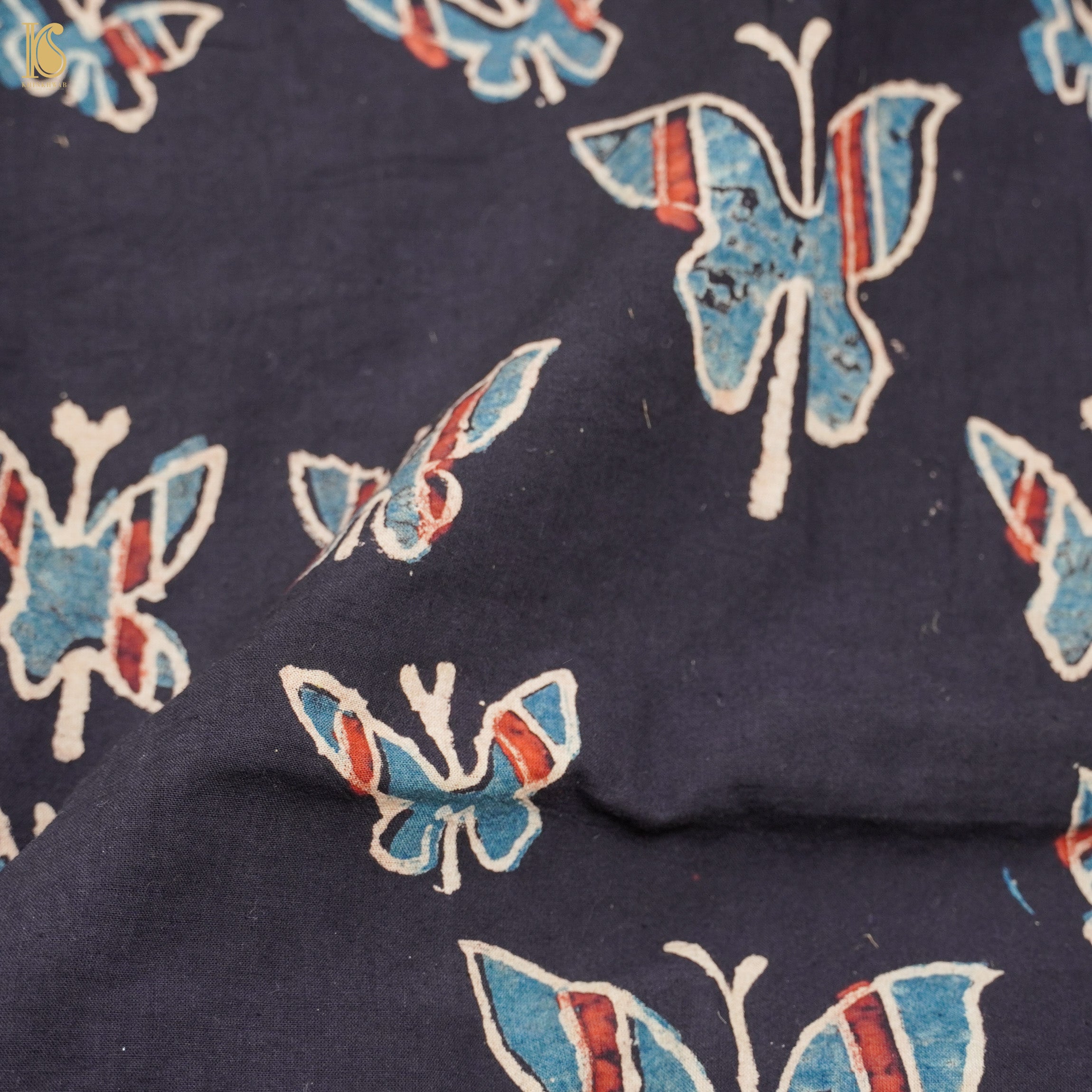 Black Hand Block Ajrakh Cotton Butterfly Fabric - Khinkhwab