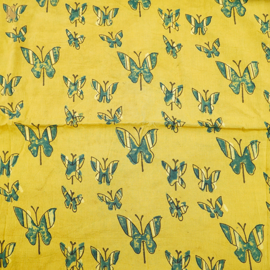 Yellow Hand Block Ajrakh Cotton Butterfly Fabric - Khinkhwab