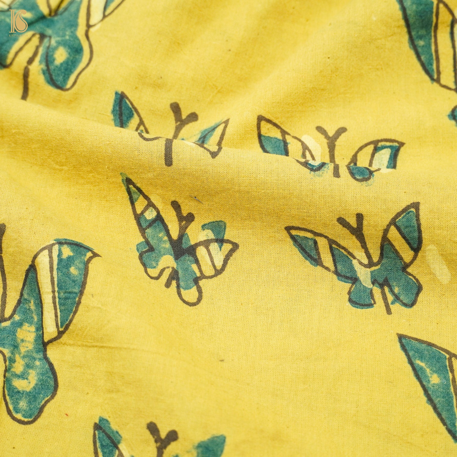 Yellow Hand Block Ajrakh Cotton Butterfly Fabric - Khinkhwab