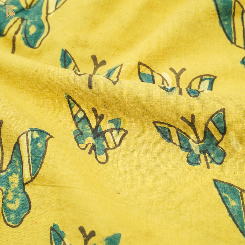 Yellow Hand Block Ajrakh Cotton Butterfly Fabric - Khinkhwab