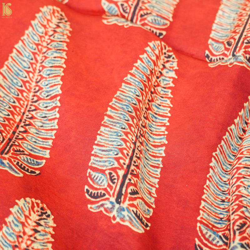 Red Leaf Hand Block Ajrakh Modal Silk Fabric - Khinkhwab