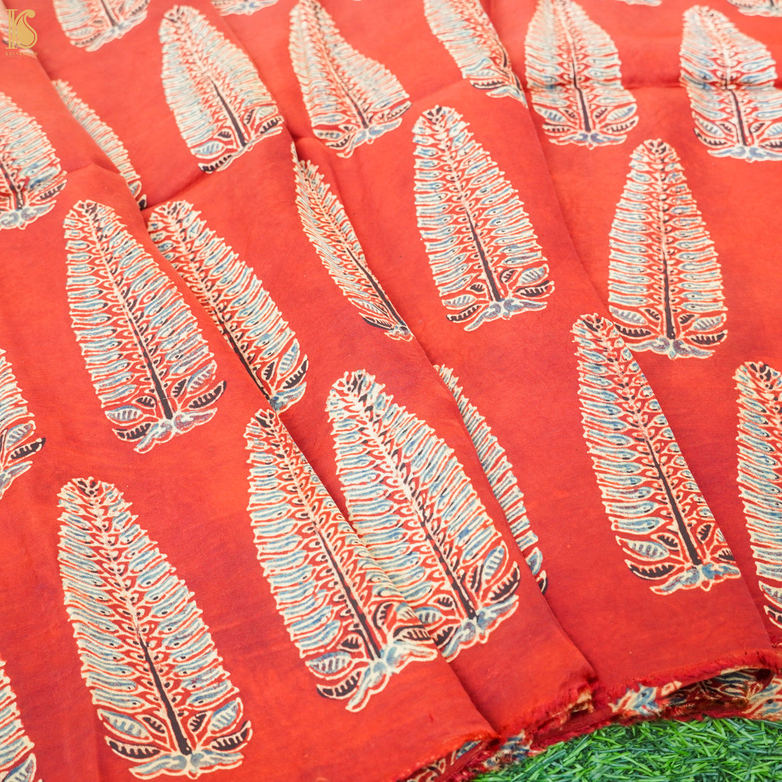 Red Leaf Hand Block Ajrakh Modal Silk Fabric - Khinkhwab