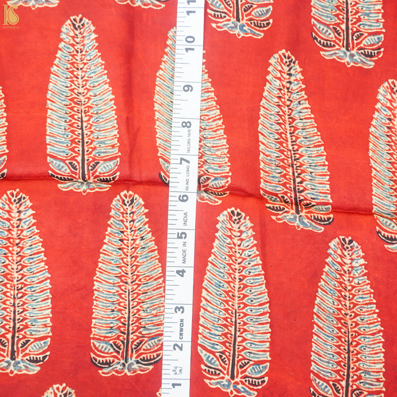 Red Leaf Hand Block Ajrakh Modal Silk Fabric - Khinkhwab
