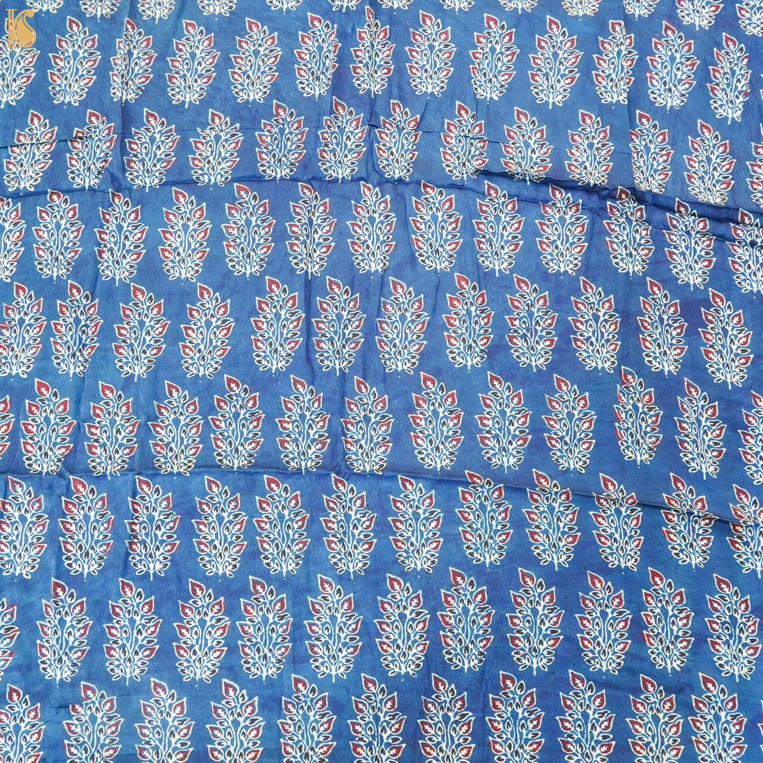 Blue Flower Hand Block Ajrakh Modal Silk Fabric - Khinkhwab
