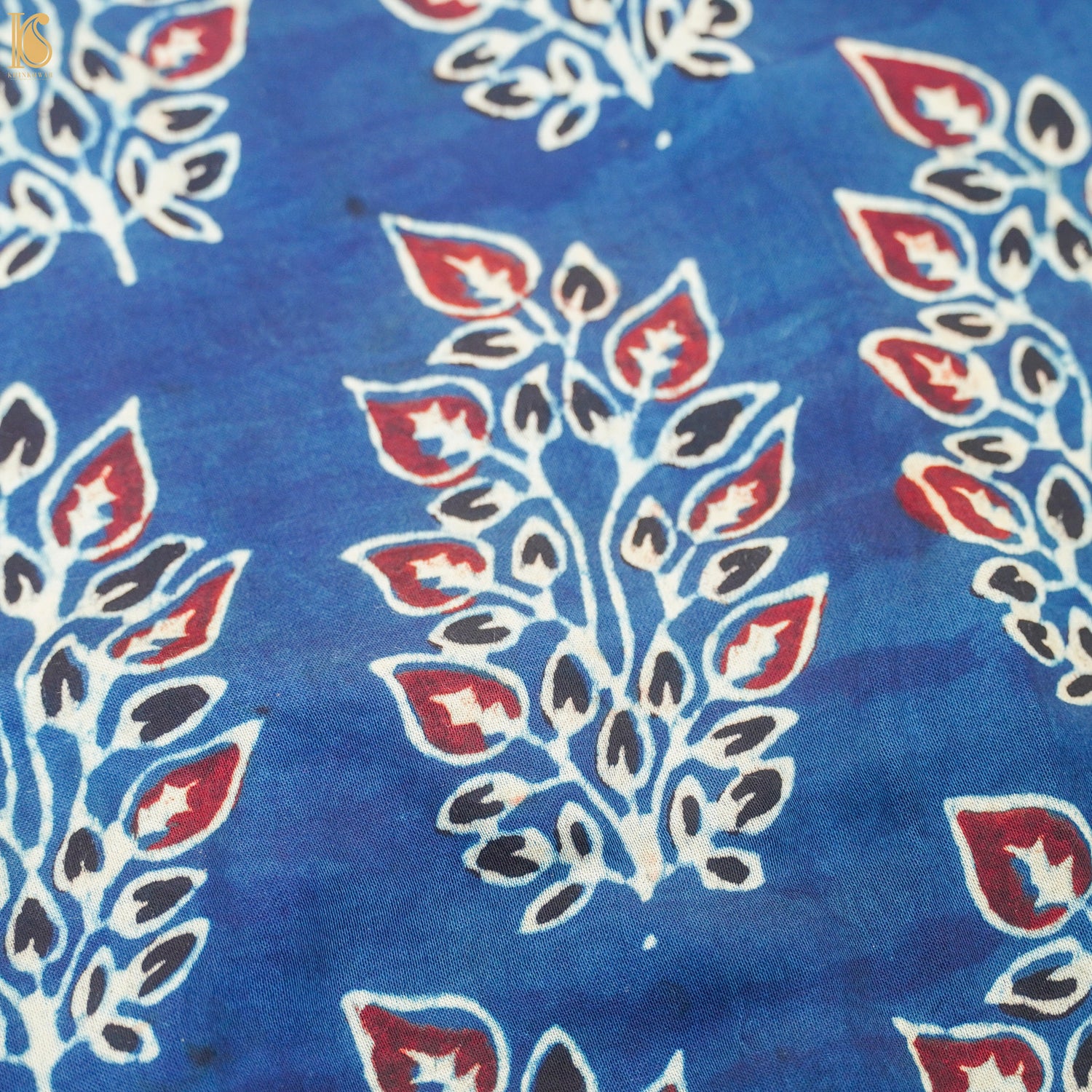 Blue Flower Hand Block Ajrakh Modal Silk Fabric - Khinkhwab