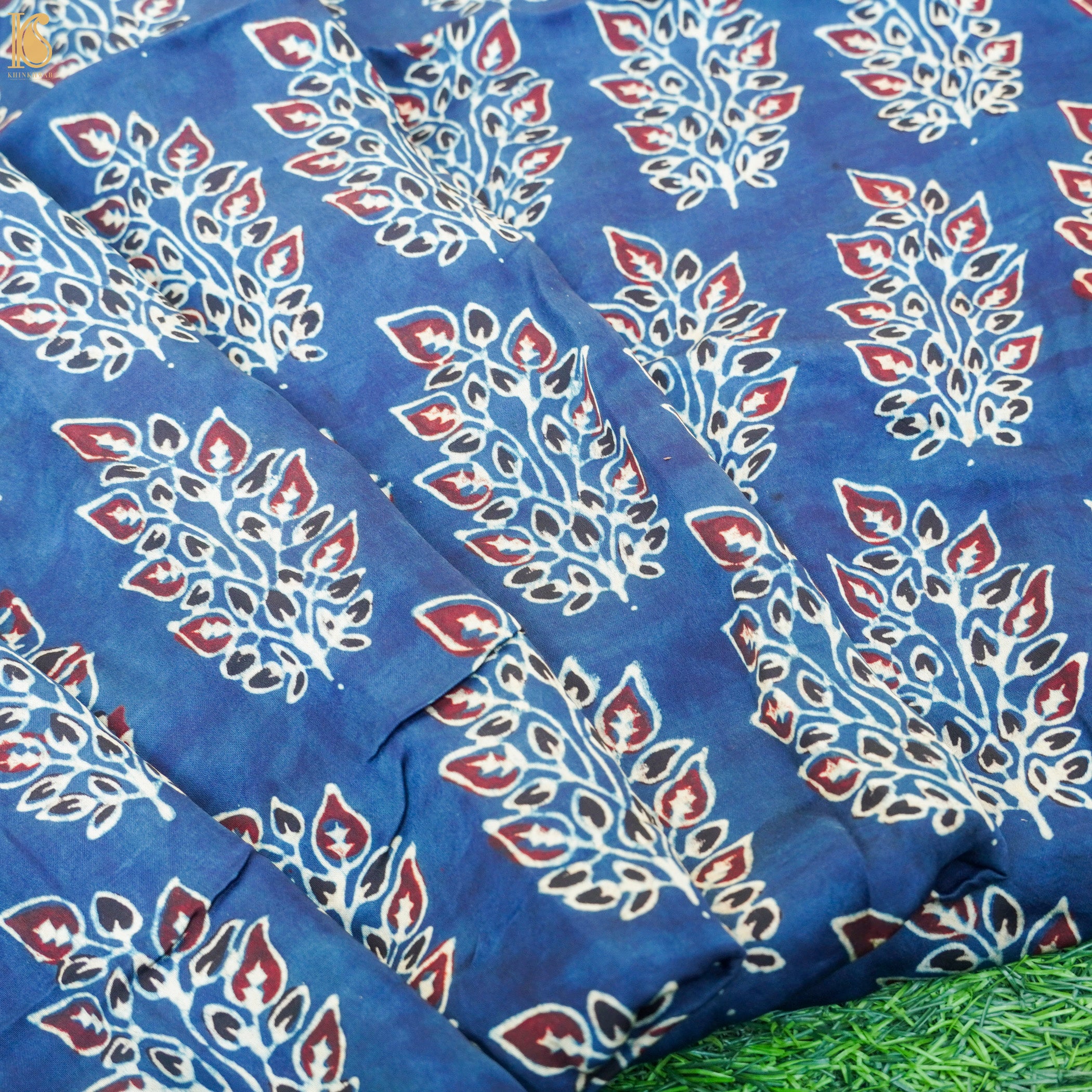 Blue Flower Hand Block Ajrakh Modal Silk Fabric - Khinkhwab