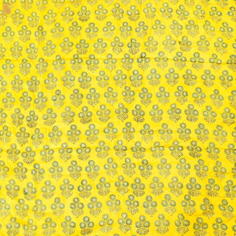 Yellow Flower Hand Block Ajrakh Modal Silk Fabric - Khinkhwab