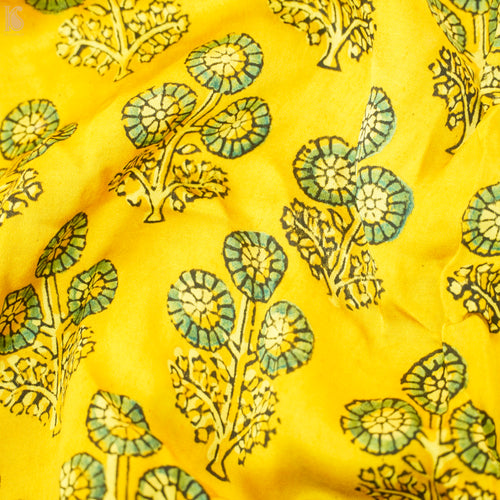 Yellow Flower Hand Block Ajrakh Modal Silk Fabric - Khinkhwab