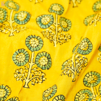 Yellow Flower Hand Block Ajrakh Modal Silk Fabric - Khinkhwab