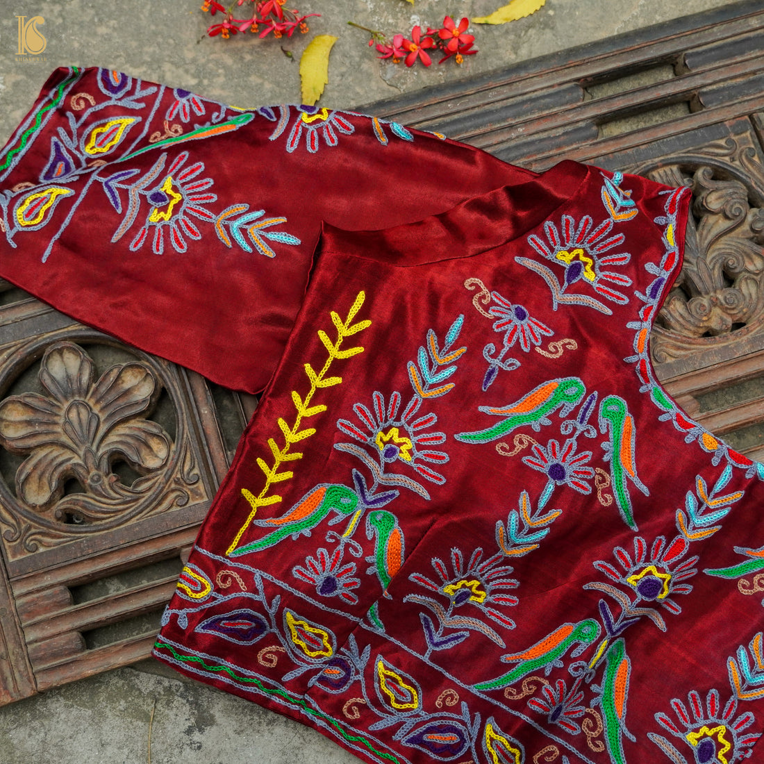 Red Pure Mashru Silk Stitched Blouse with Kutchi Embriodery - Khinkhwab