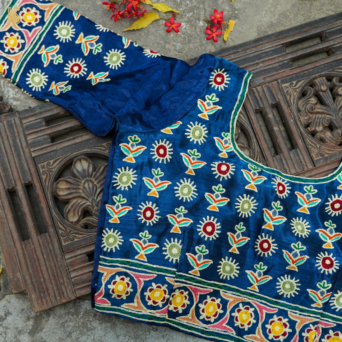 Cerulean Blue Pure Mashru Silk Stitched Blouse with Kutchi Embriodery - Khinkhwab