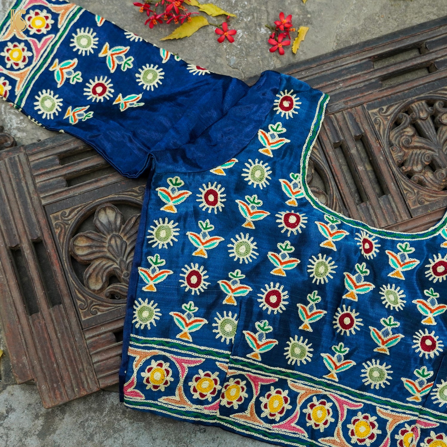Cerulean Blue Pure Mashru Silk Stitched Blouse with Kutchi