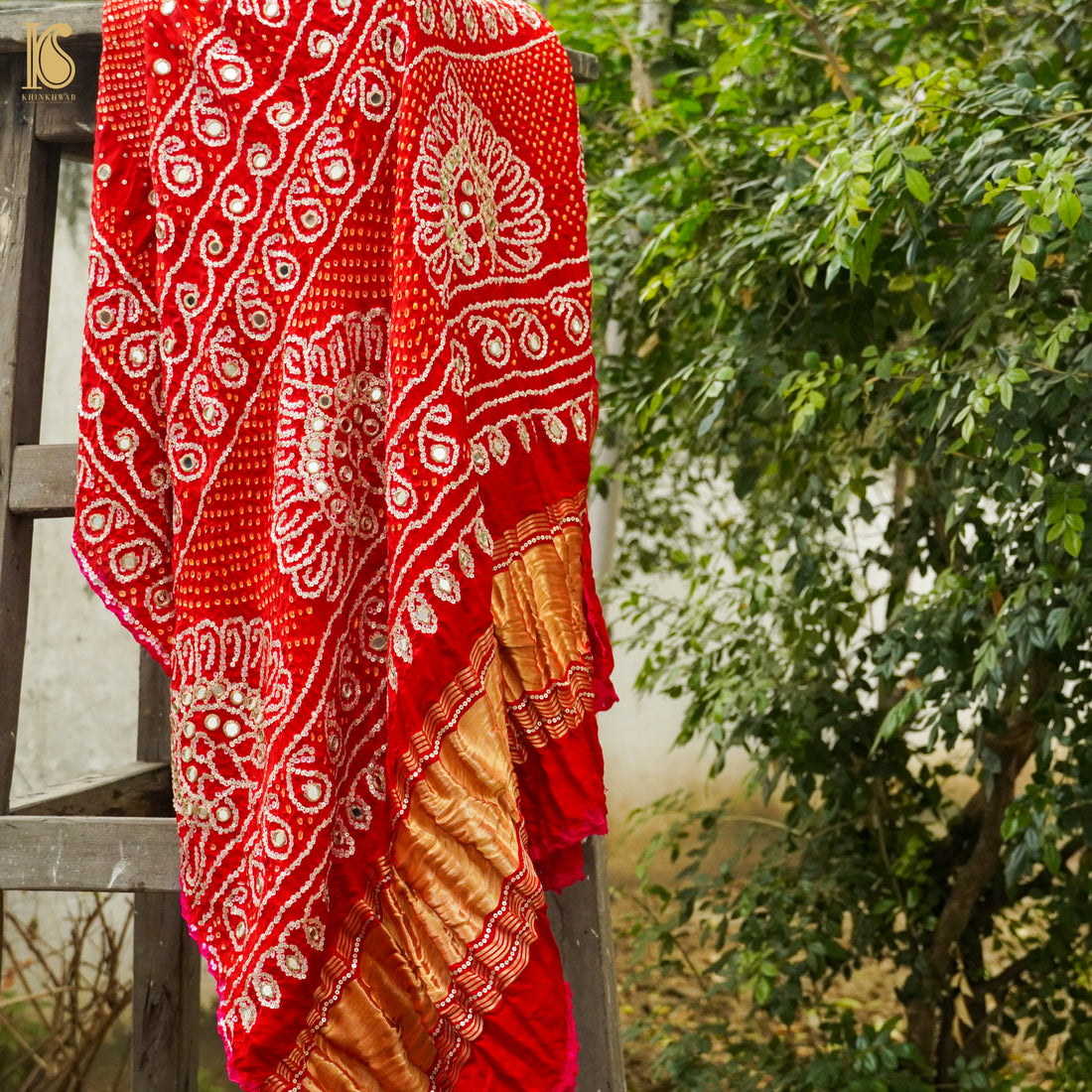 Red Gajji Silk Bandhani Gotta Patti &amp; Mirror Work Dupatta - Khinkhwab